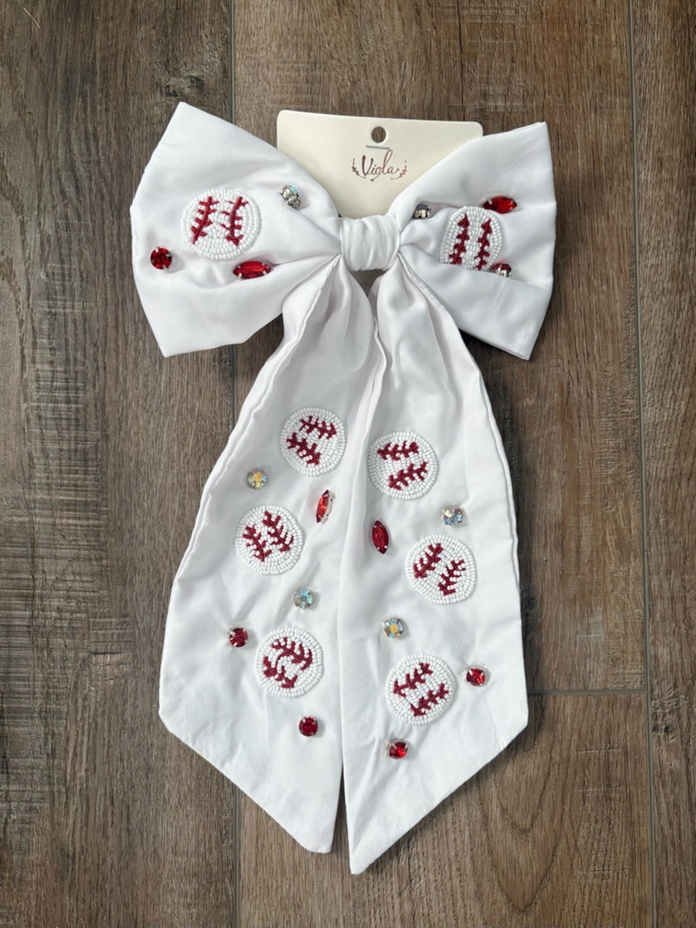 Source Unknown White Kids Hair Bow with Red Baseball Stitch & Rhinestone Accents